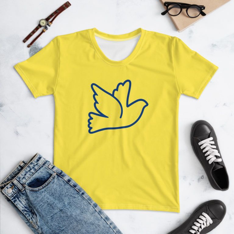 Ukrainan sinikeltainen, naisten keltainen t-paita, sininen rauhankyyhky