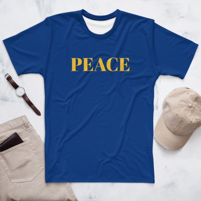 Sininen Ukraina-t-paita keltaisella Peace-tekstillä