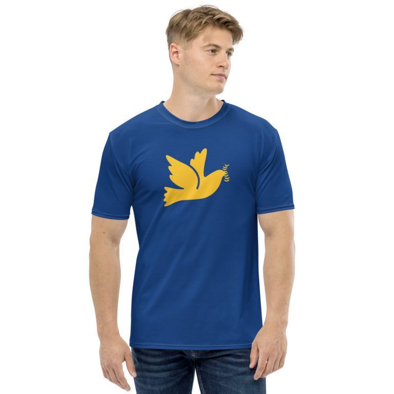 Sininen Ukraina-t-paita miehelle: keltainen rauhankyyhky