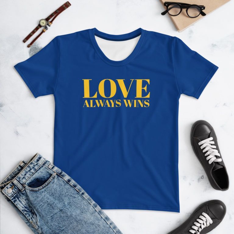 Naisten sinikeltainen Ukrainan tuki - t-paita: Love always wins -tekstillä
