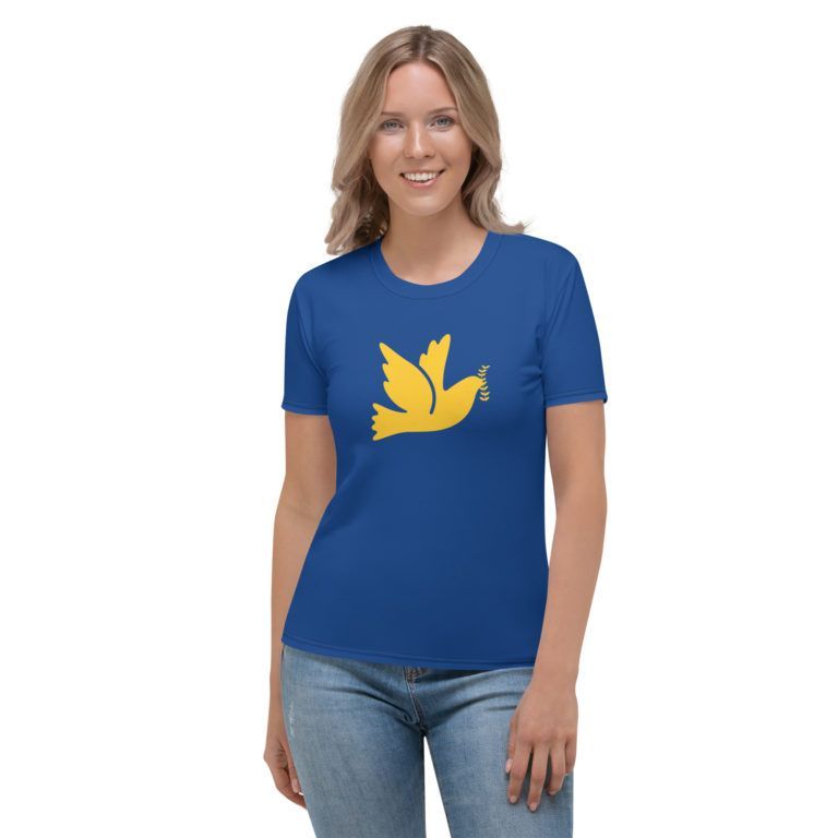 Naisten sinikeltainen Ukraina-t-paita: Sininen paita, keltainen rauhankyyhky