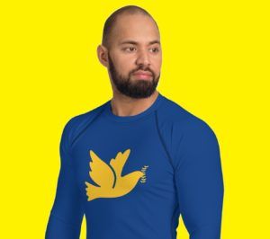Sininen, pitkähihainen Ukraina-urheilupaita miehelle: keltainen rauhankyyhky