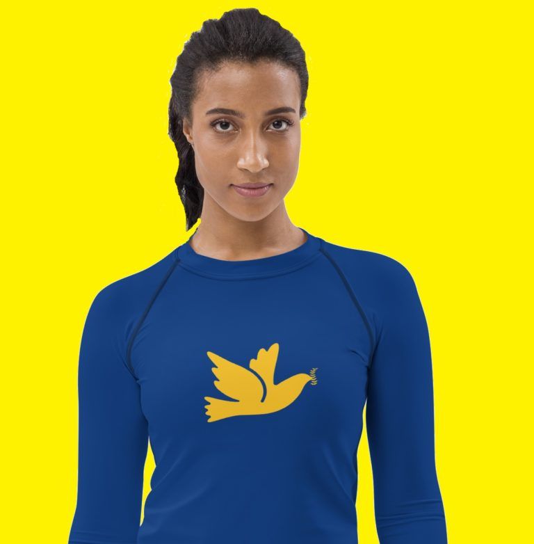 Sininen, pitkähihainen Ukraina-paita naiselle: keltainen rauhankyyhky