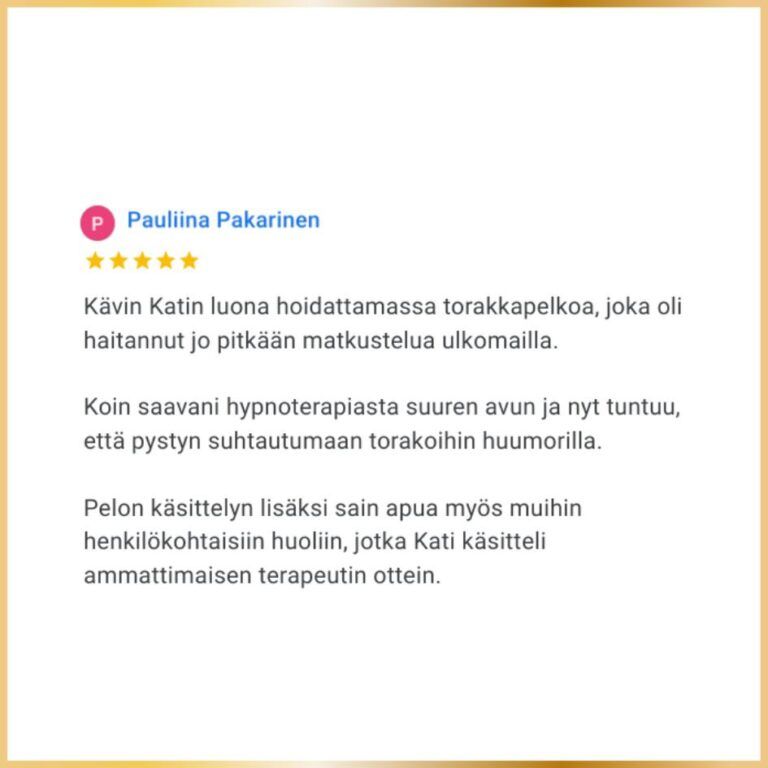 Fobian hoito hypnoosilla, Pelko terapia (hypnoterapeutti Kati Niemi)