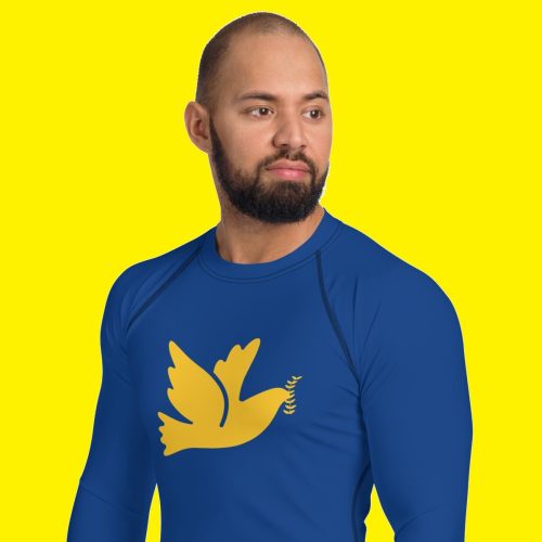Sininen, pitkähihainen Ukraina-urheilupaita miehelle: keltainen rauhankyyhky